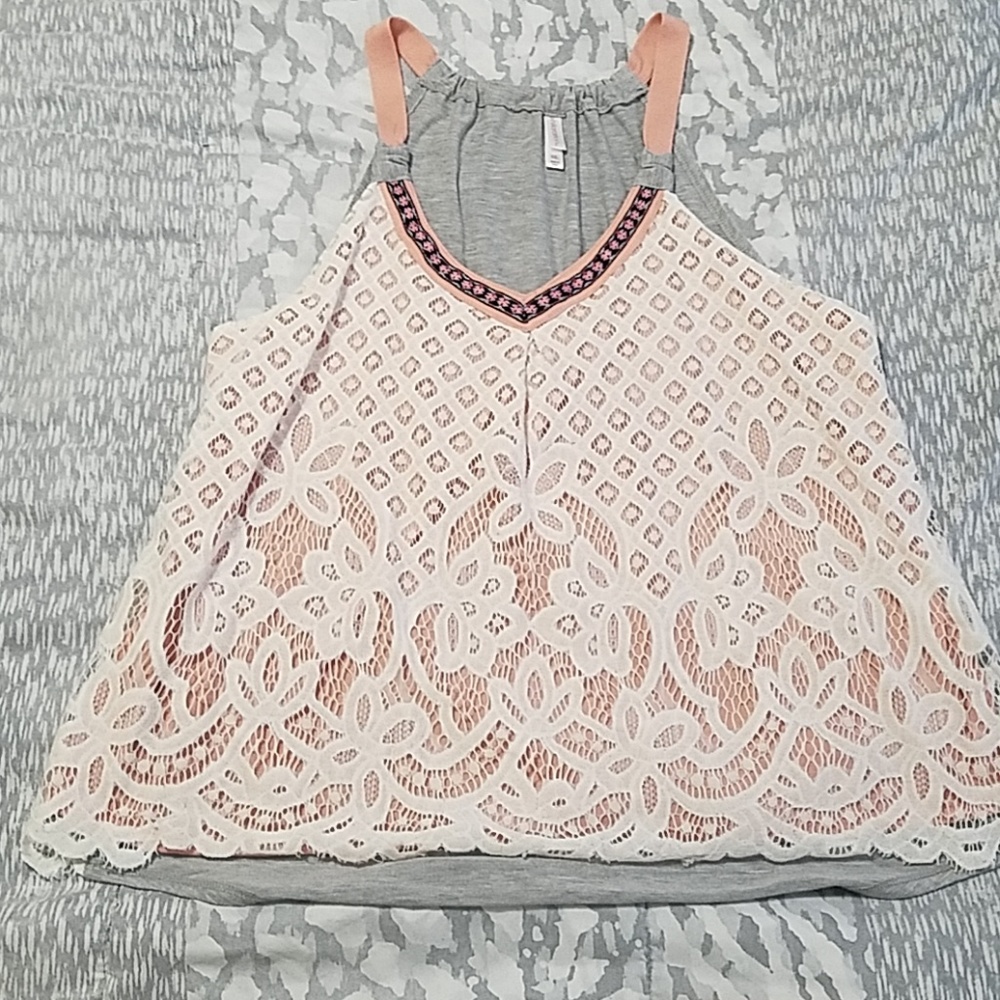 Grey, pink and white flowy tank top